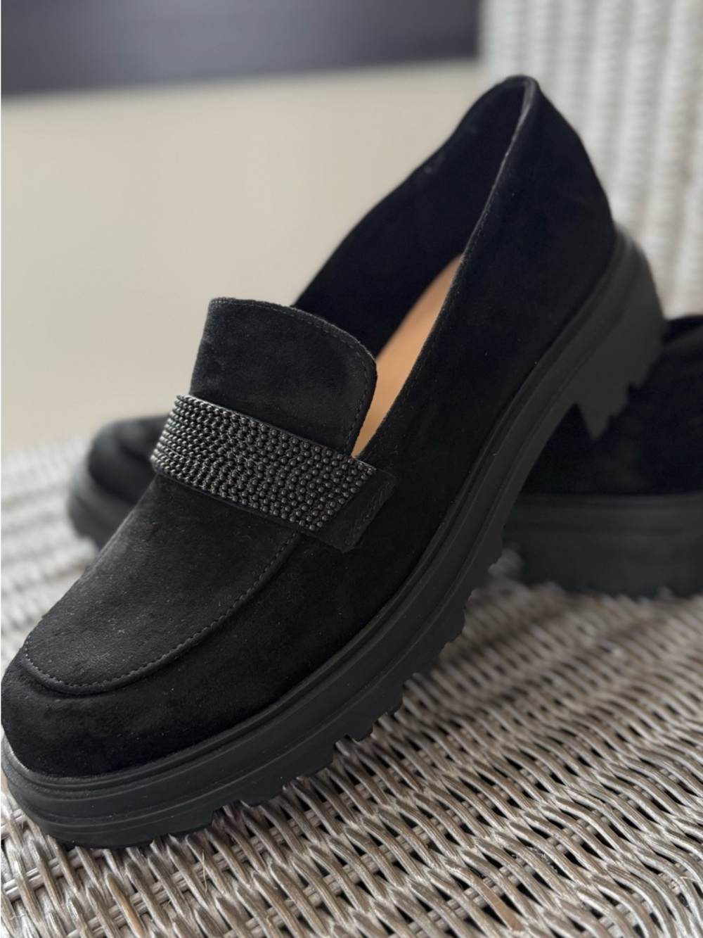 Bella Vita Black Suede Loafers with Embellished Strap